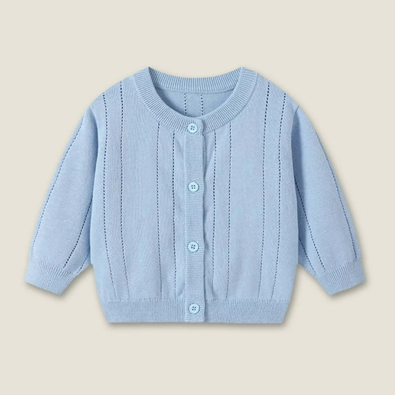 AUNVITO Girls & Boys Loose Fit Knit Cardigan Openwork Round Neck Long Sleeve Sweater Coat Soft Cotton Fall Winter Infant Toddler 0-3Y