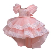 AUNVITO Girls Cap Sleeve Round Neck Sequined Mesh Puffy Tulle Dress Glamorous Evening Party Pageant Gown
