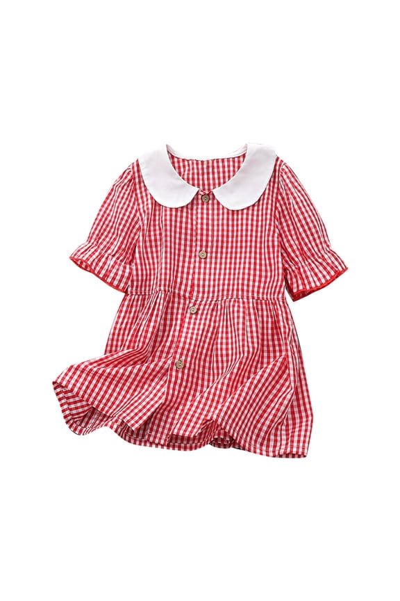 Girls Checkered Shirt Dress Short Sleeve Button-Down Collar Summer Lightweight Casual Dress