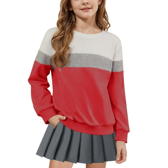 AUNVITO Girls' Crewneck Sweatshirt Color Block Solid Long Sleeve Fall Winter Casual Outfit Everyday Style