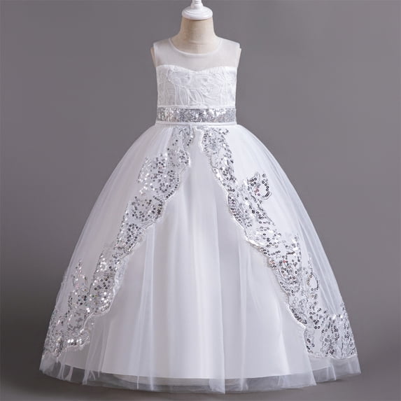 AUNVITO Girls Dresses Girls' Summer New Sleeveless Ruffled Lace Round-Neck Embroidery Mesh Princess Bow Skirt