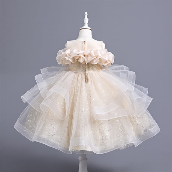 AUNVITO Girls Dresses Girls' Summer New Sleeveless Ruffled Lace Round-Neck Embroidery Mesh Princess Bow Skirt