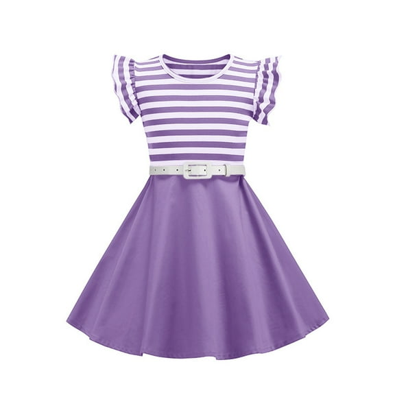 AUNVITO Girls Dresses Girls Summer Waist Stripe Solid Spliced Flying Sleeve Sleeves Round Neck Dress