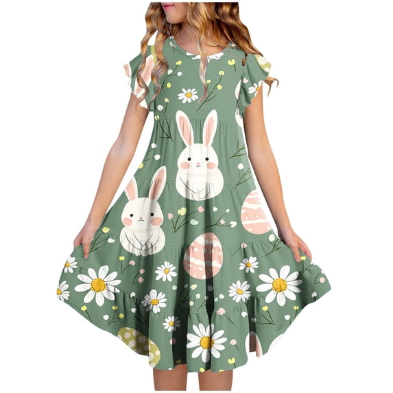 AUNVITO Girls Easter Dress Flutter Sleeve Short Sleeve Round Neck with Easter Print Waist Pocket Tiered Casual Summer