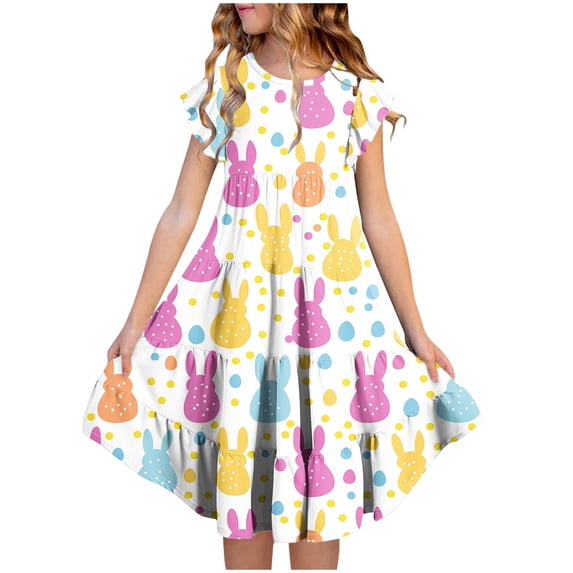 AUNVITO Girls Easter Dress Flutter Sleeve Short Sleeve Round Neck with Easter Print Waist Pocket Tiered Casual Summer