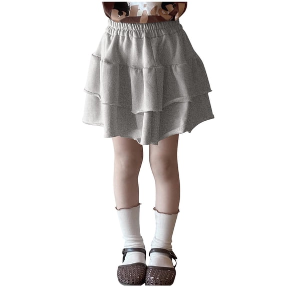 AUNVITO Girls Elastic Waist Layered Puffy Skirt Ruffle Hem Solid Color A-Line Skirt