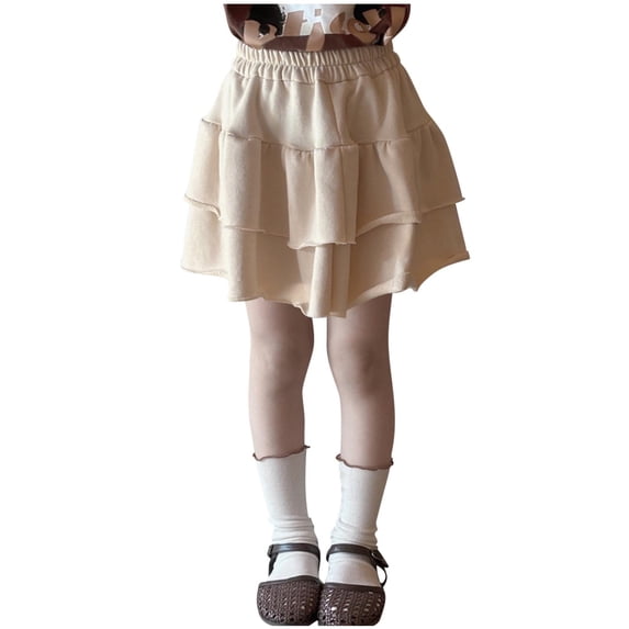 AUNVITO Girls Elastic Waist Layered Puffy Skirt Ruffle Hem Solid Color A-Line Skirt