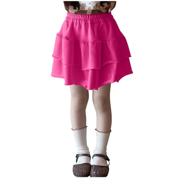 AUNVITO Girls Elastic Waist Layered Puffy Skirt Ruffle Hem Solid Color A-Line Skirt