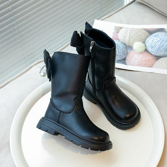 AUNVITO Girls Fashion Boots Bow Decor Round Toe Chunky Heel Mid Calf Shoes For Performance & Daily Outfits 4-12Y PU Leather Casual Vintage Style
