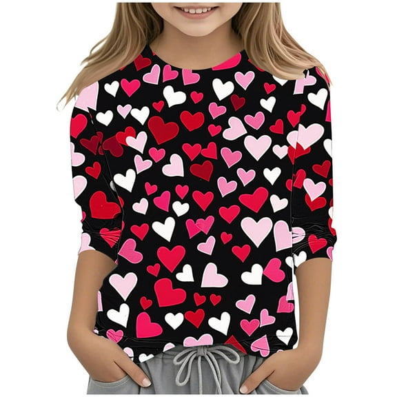 AUNVITO Girls Fashion Print Round Neck Pullover T-Shirt 3/4 Sleeve Casual Basic Top