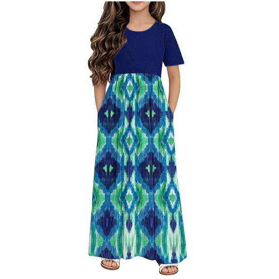 AUNVITO Girls' Floral A-line Swing Dress Short Sleeve with Pockets, Casual Vacation/Daily Outfit