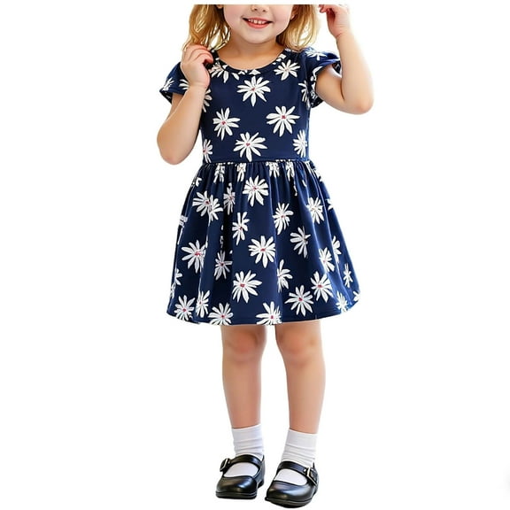 AUNVITO Girls Floral Print Dress Elastic Waist Round Neck Short Sleeve Dance Dress Casual Summer