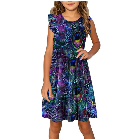 AUNVITO Girls Floral Print Flutter Sleeve Dress Summer Style Casual Kids' Dress