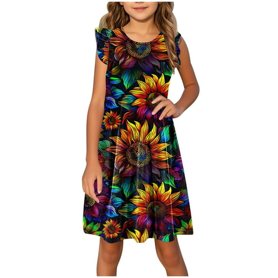AUNVITO Girls Floral Print Flutter Sleeve Dress Summer Style Casual Kids' Dress