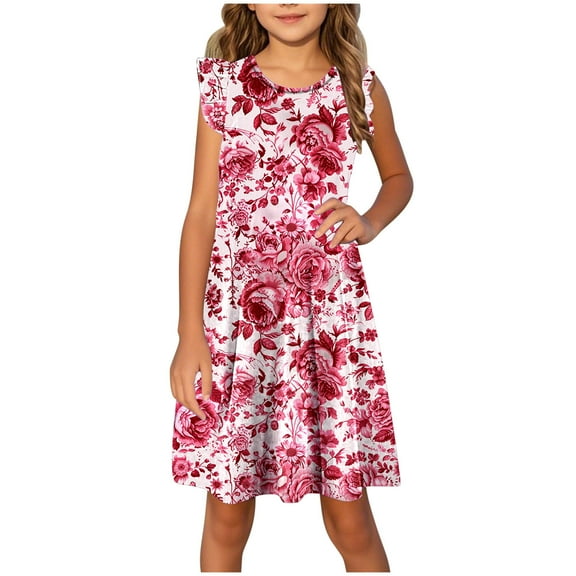 AUNVITO Girls Floral Print Flutter Sleeve Dress Summer Style Casual Kids' Dress