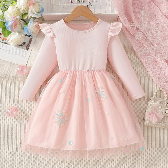 AUNVITO Girls Fluffy Princess Dress Long Sleeve Flutter Sleeve Round Neck with Snowflake Mesh Elegant Party Style