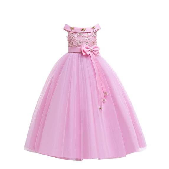 AUNVITO Girls Formal Dress Bow 3D Floral Tulle Puffy Princess Party Pageant Performance Sleeveless Round Neck Dress