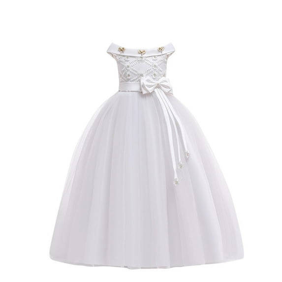 AUNVITO Girls Formal Dress Bow 3D Floral Tulle Puffy Princess Party Pageant Performance Sleeveless Round Neck Dress
