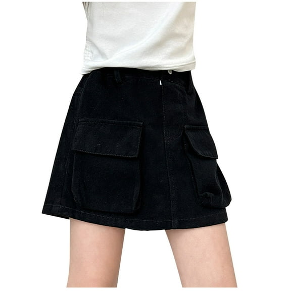 AUNVITO Girls High Waist Denim Skirt Cargo Double Pocket Slimming Short Utility Y2k