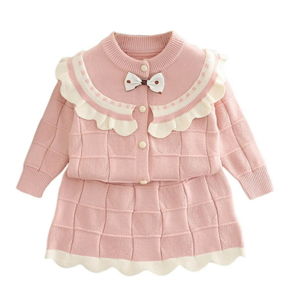 AUNVITO Girls Knit Sweater Set 2-Piece Outfit Autumn Winter Warm Top & Skirt Round Neck Long Sleeve Polyester Casual Two-Piece Set with Blouse and Pleated Skirt 1-8Y