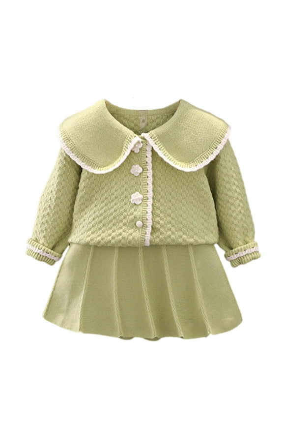 Girls Knit Sweater Set 2-Piece Outfit Autumn Winter Warm Top & Skirt Round Neck Long Sleeve Polyester Casual Two-Piece Set with Blouse and Pleated Skirt 1-8Y