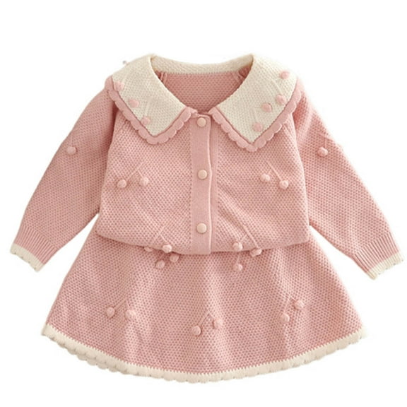 AUNVITO Girls Knit Sweater Set 2-Piece Outfit Autumn Winter Warm Top & Skirt Round Neck Long Sleeve Polyester Casual Two-Piece Set with Blouse and Pleated Skirt 1-8Y