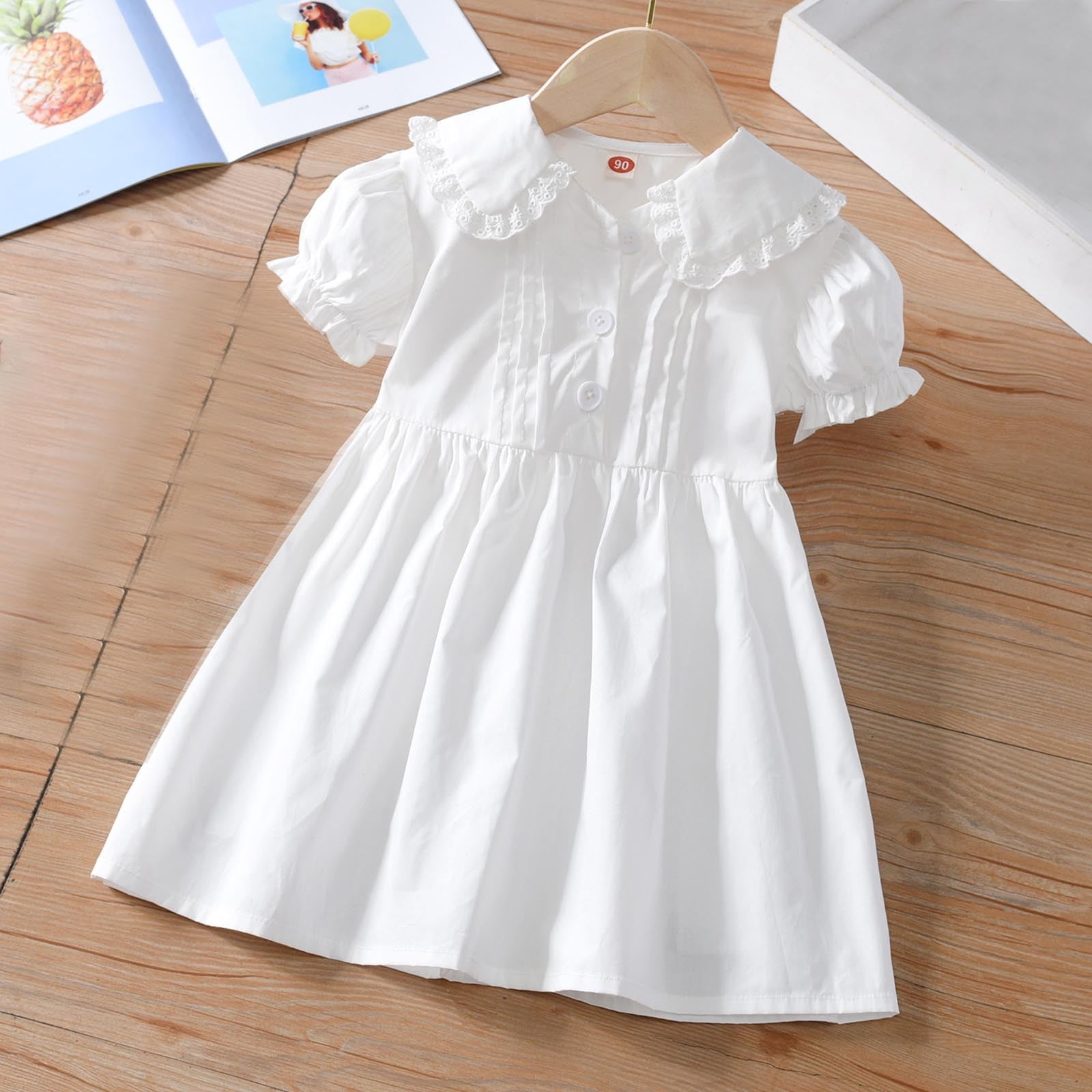 Aunvito Girls' Lace Dress | Short Sleeve Peter Pan Collar | Garden Party | 2-14y White Ruffled Hem, Kids Unisex, Size: 3T Aunvito Girls' Lace Dress | Short Sleeve Peter Pan Collar | Garden Party | 2-14y White Ruffled Hem, Kids Unisex, Size: 3T