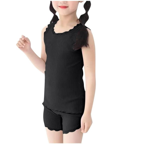 AUNVITO Girls Lace Trim Ribbed Cotton Round Neck Short Sleeve 2-Piece Set Elastic Waist Tank Top and Shirt Summer Casual Outfit