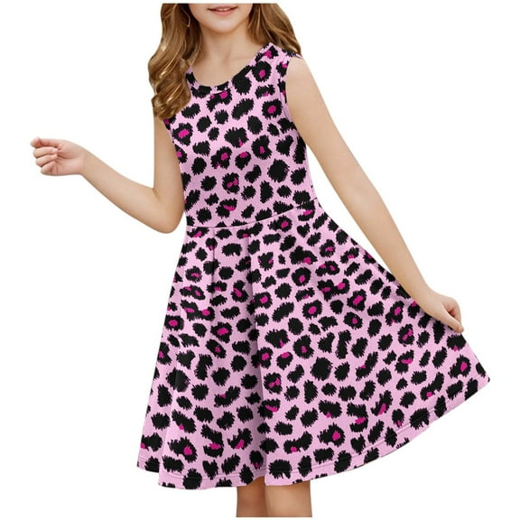 AUNVITO Girls Leopard Print Sleeveless Dress Round Neck Waist Cinched Dance Dress Spring Summer Casual Performance Outfit