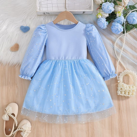 AUNVITO Girls Long Sleeve Flutter Sleeve Round Neck Dress with Star Print Net Tutu Stylish Princess Party Style