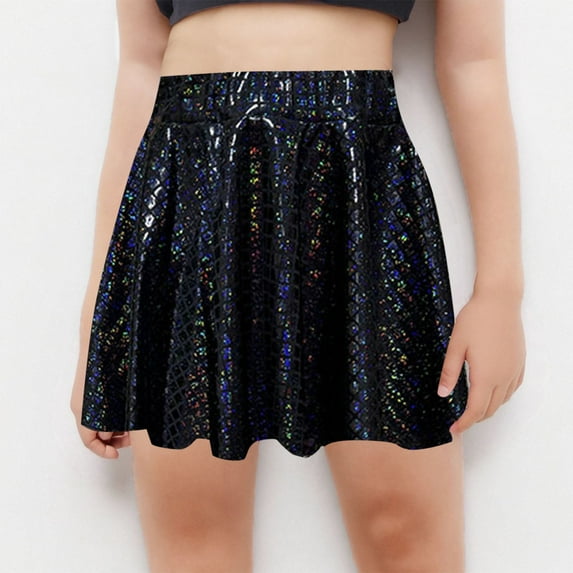AUNVITO Girls Metallic Skater Skirt Sparkly Shiny Flared Pleated A-Line Mini Skirt