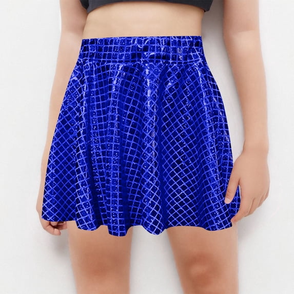 AUNVITO Girls Metallic Skater Skirt Sparkly Shiny Flared Pleated A-Line Mini Skirt