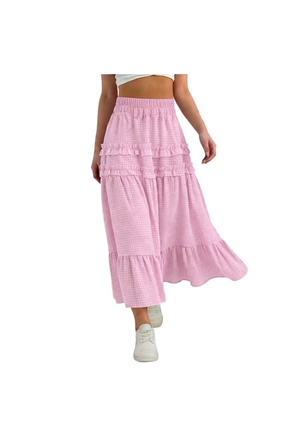 Girls Mid-Length A-Line Tiered Skirt Checkered Pattern Party Fairy Dance Style