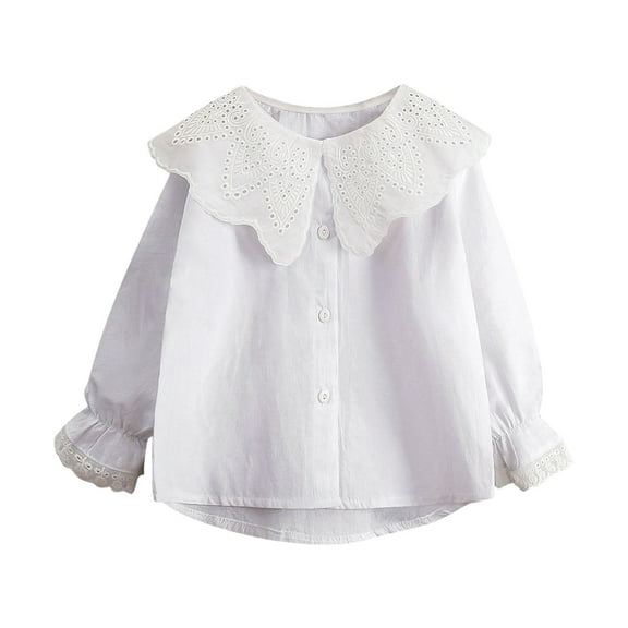 AUNVITO Girls Peter Pan Collar Blouse Lace Trim Long Sleeve Casual Shirt Lightweight Spring Summer Top