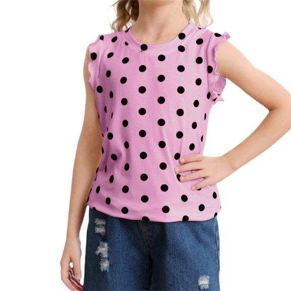 AUNVITO Girls Polka Dot Print Sleeveless Round Neck Tank Top Casual Fashion