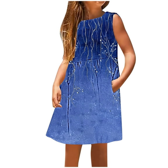 AUNVITO Girls Print Round Neck Sleeveless Pocket Dress Casual Playful Outfit