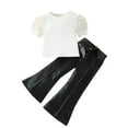 thumbnail image 1 of AUNVITO Girls Ribbed Mesh Puff Sleeve Top PU Leather Flare Pants 2-Piece Set Short Sleeve Round Neck Y2K Fashion Outfit, 1 of 9