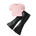 thumbnail image 1 of AUNVITO Girls Ribbed Mesh Puff Sleeve Top PU Leather Flare Pants 2-Piece Set Short Sleeve Round Neck Y2K Fashion Outfit, 1 of 3