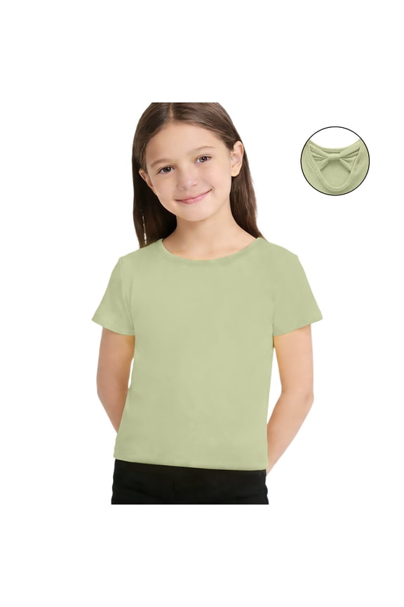Girls Ribbed Short Sleeve Top with Bow Back Decoration Casual and Cute Style