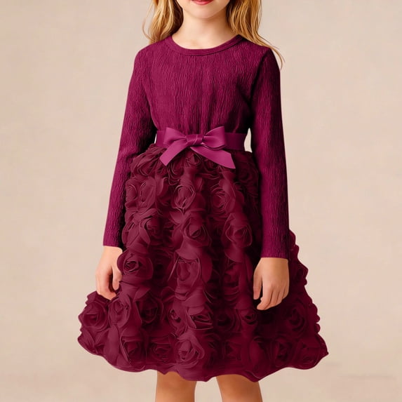 AUNVITO Girls Round Neck Long Sleeve Dress with Bow Detail Casual Comfortable Style