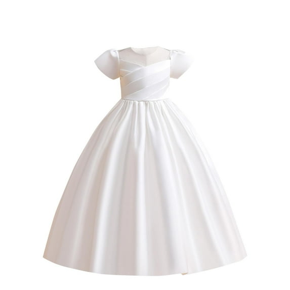 AUNVITO Girls Satin Party Dress Princess Pageant Performance Elegant Short Sleeve V-Neck Formal Occasion