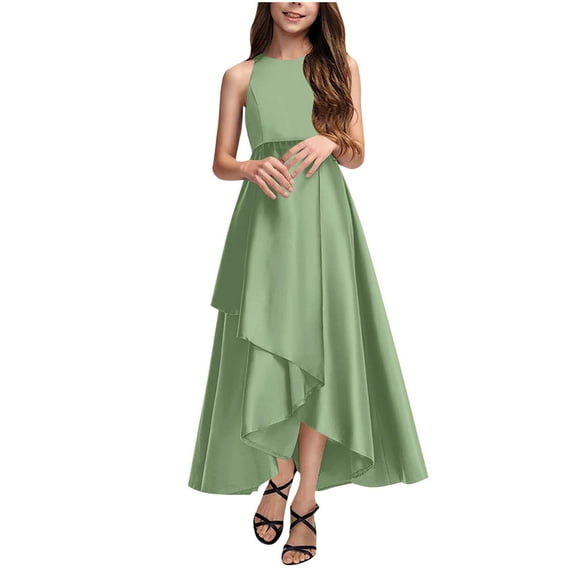 AUNVITO Girls Satin Performance Dress Elegant Sleeveless Round Neck Long Dress for Piano Recital Formal Event