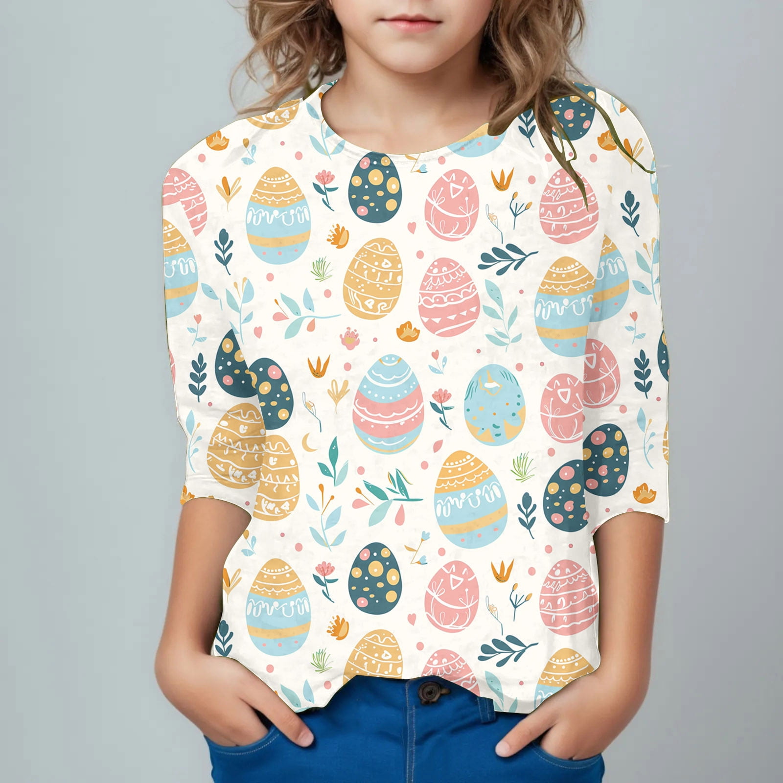 AUNVITO Girls Shirts Interest Easter Print Tshirt 3/4 Sleeve Top Funny ...