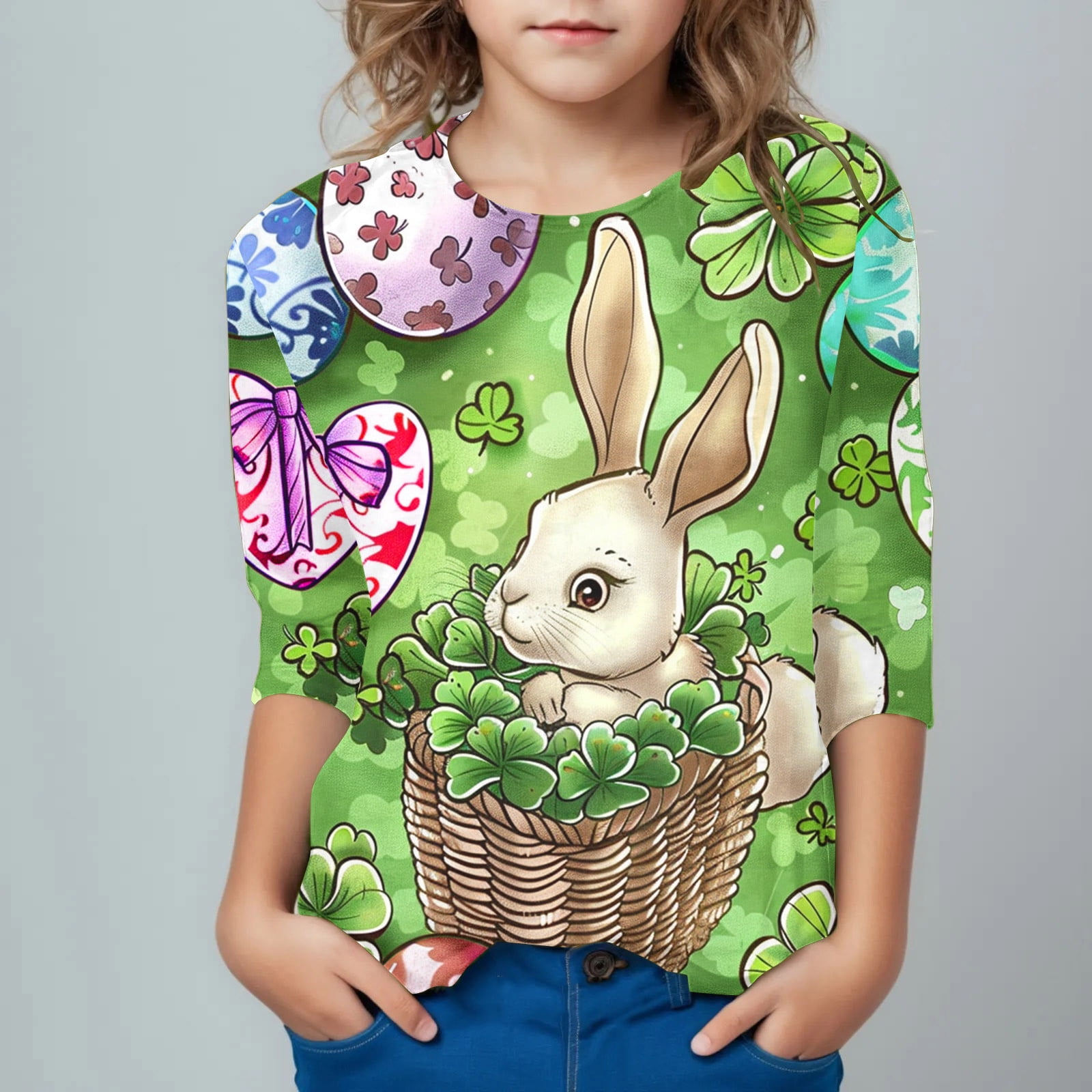AUNVITO Girls Shirts Interest Easter Print Tshirt 3/4 Sleeve Top Funny ...