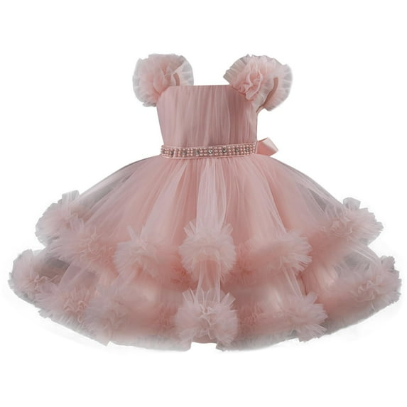 AUNVITO Girls Short Sleeve Round Neck Mesh Tulle Ball Gown Dress for Evening Party Performance Luxury Princess Solid Color