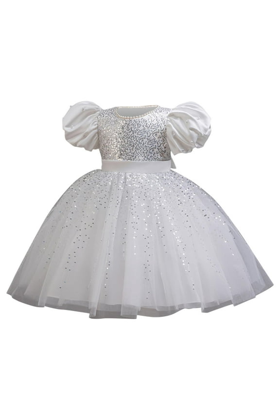 Girls Short Sleeve Round Neck Tulle Layered Party Dress Flared Princess Elegant Evening Gown Luxury