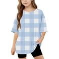 thumbnail image 1 of AUNVITO Girls Short Sleeve T shirt Kids Summer Oversized Plaid Printed Crew Neck Tops Casual Basic Tee 5-14Years, 1 of 8