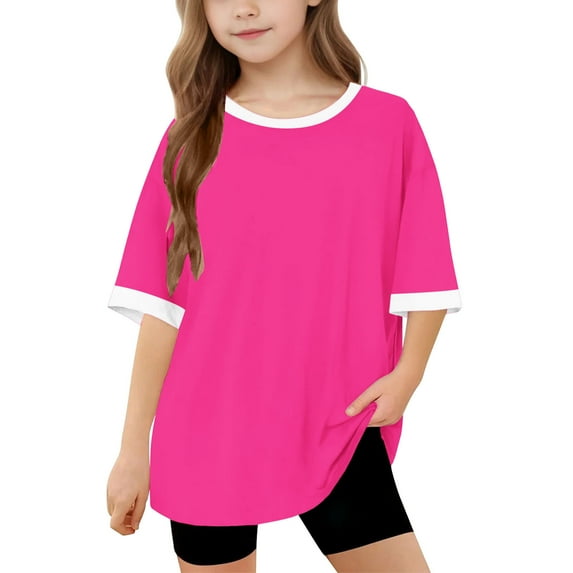AUNVITO Girls Short Sleeve T shirt Kids Summer Oversized Polka Dots Crew Neck Tops Casual Basic Tee 5-14Years