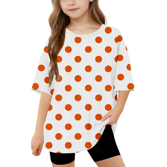 AUNVITO Girls Short Sleeve T shirt Kids Summer Oversized Polka Dots Crew Neck Tops Casual Basic Tee 5-14Years