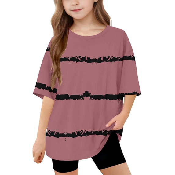 AUNVITO Girls Short Sleeve T shirt Kids Summer Oversized Striped Crew Neck Tops Casual Basic Tee 5-14Years
